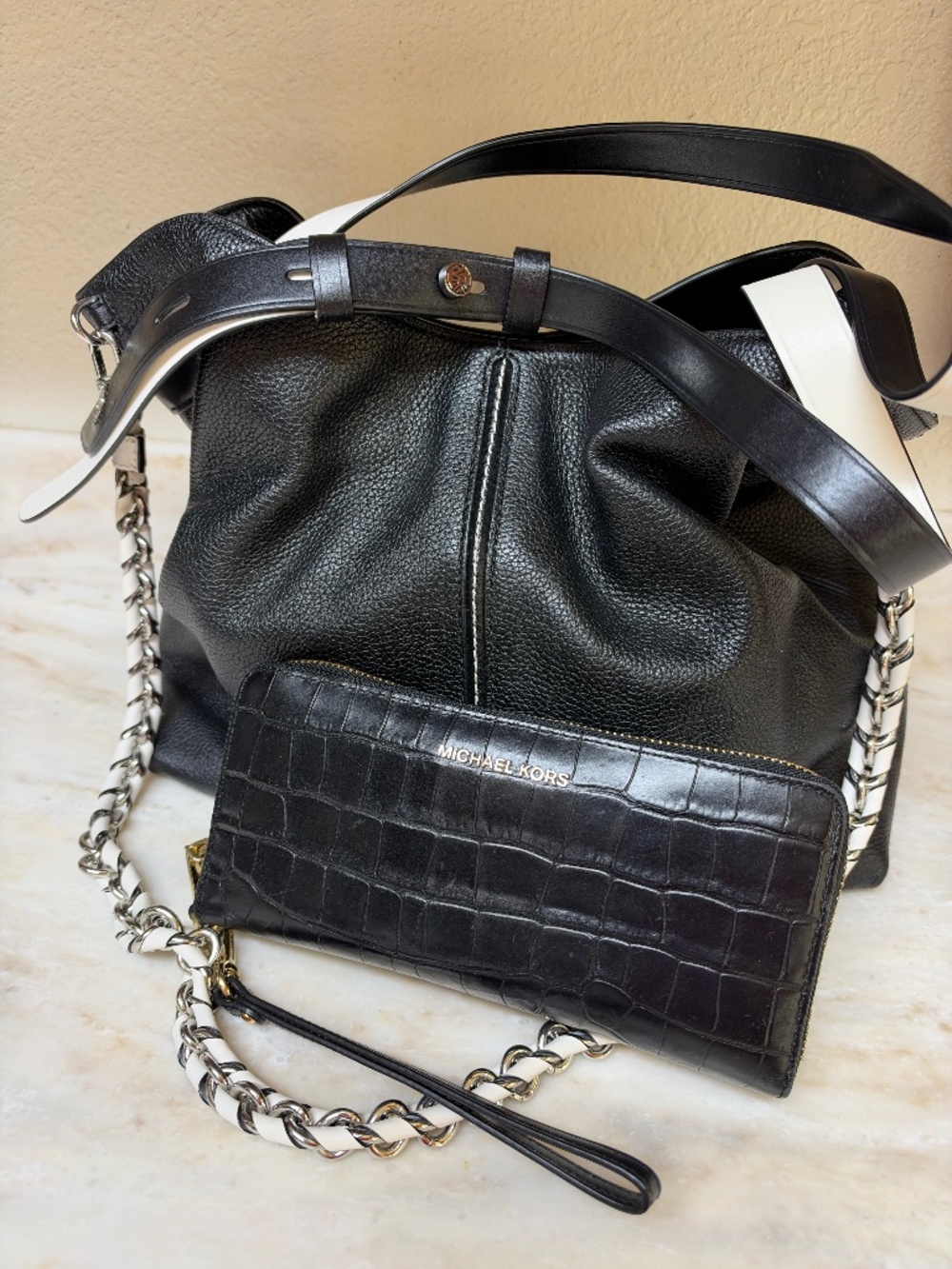 Michael Kors Downtown Astor Large Black Leather Shoulder Bag &Croc Wallet